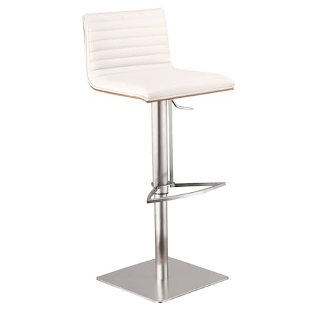 Armen Living Cafe Adjustable Height Swivel White Faux Leather and Walnut Bar Stool with Brushed Stainless Steel LCCASWBAWHB201
